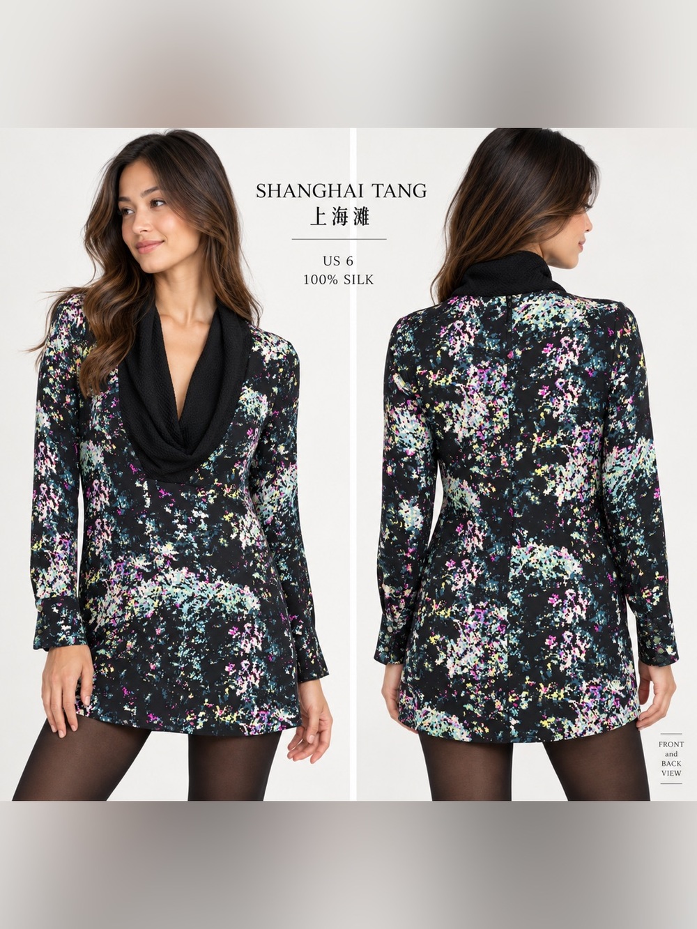 Shanghai Tang Women’s US 6 100% Silk Black Multicolor Print Mini Dress